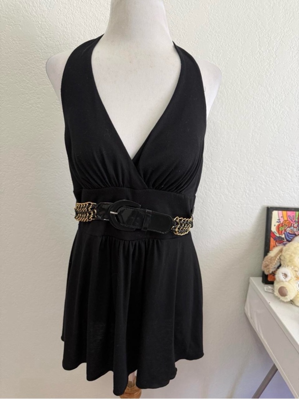Boston Proper Black One-Shoulder Halter Dress with Chain-Linked Waist